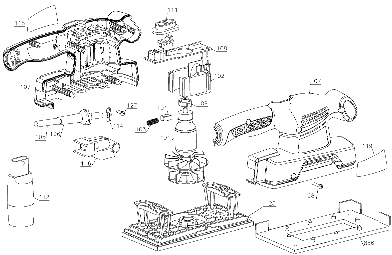 Default Diagram and Parts List for CD455-AR Type 1 Black and Decker Sander Polisher